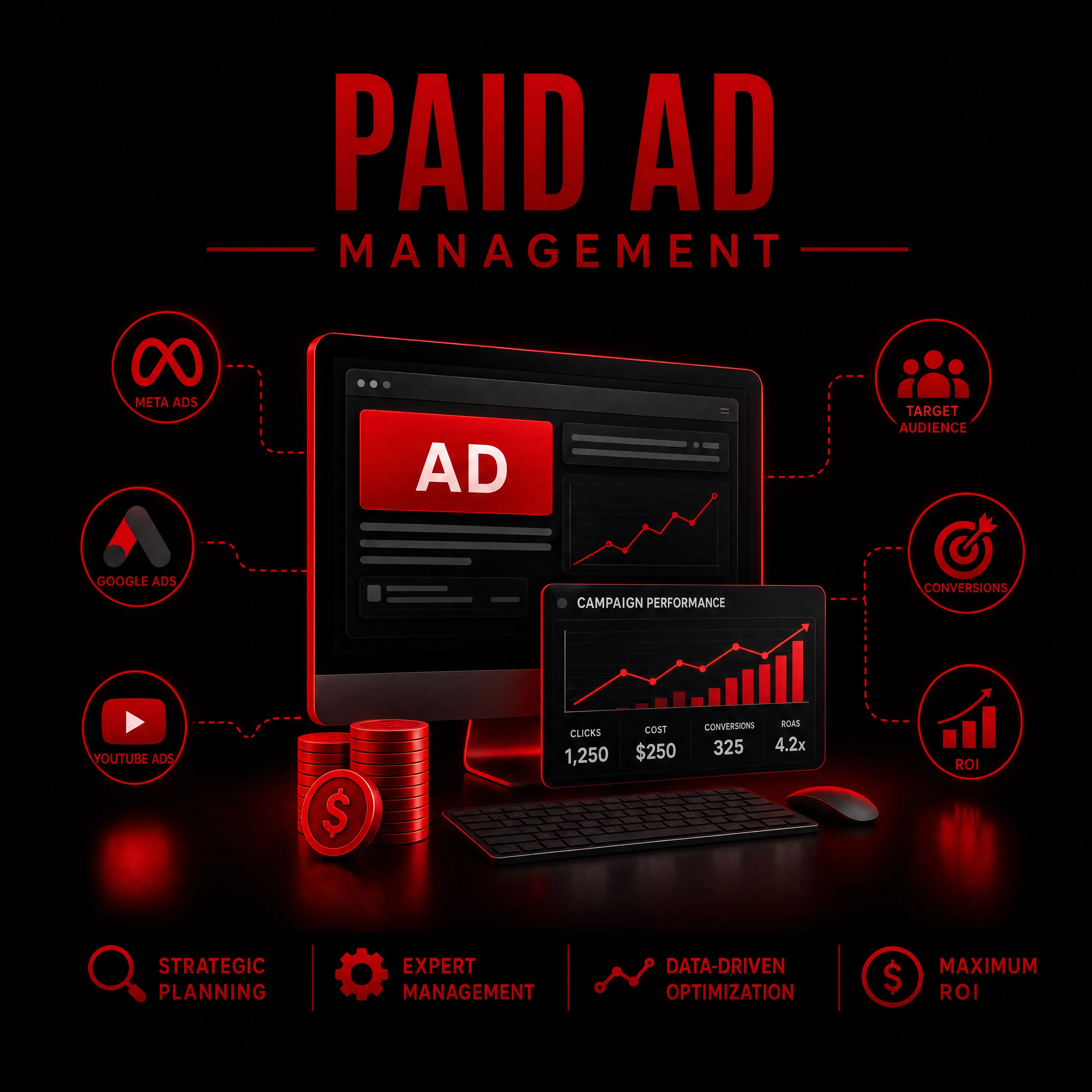 Comparison of SEO and Paid Ads strategies with analytics and ad campaign visuals